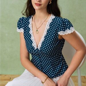 Rihoas Blue Polka Dot Lace Trim Blouse